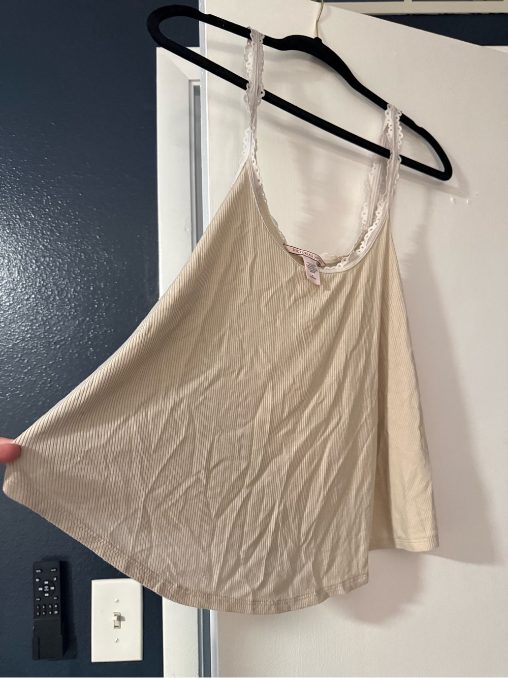 Vintage Lace Trim Ribbed Cami Tank - Cream